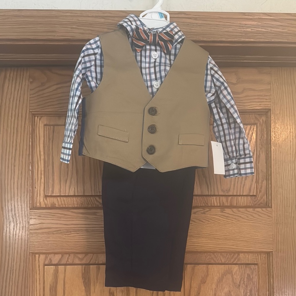 Tan Vest with Blue Checkered Shirt and Bow Tie Set